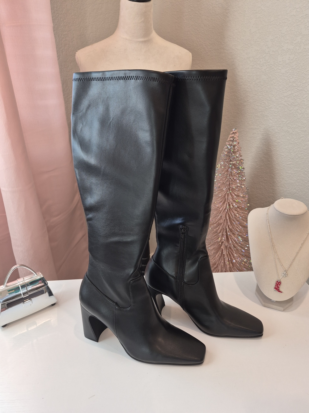 Steve Madden Black Over-the-Knee Leather Boots with Block Heel
